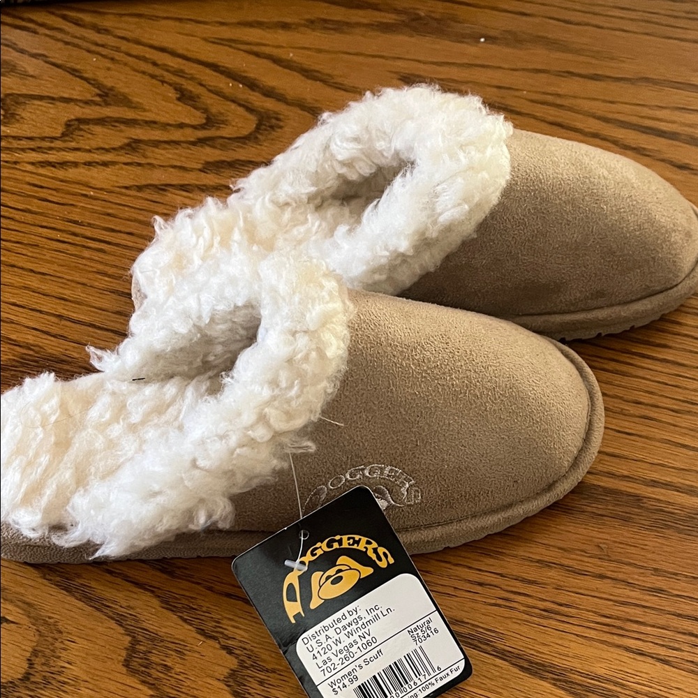 Tan Slippers with Cream Plush Lining